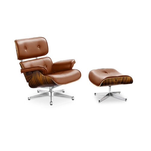 Lounge Sessel und Ottomane - Cognac mit Palisander (chrome)